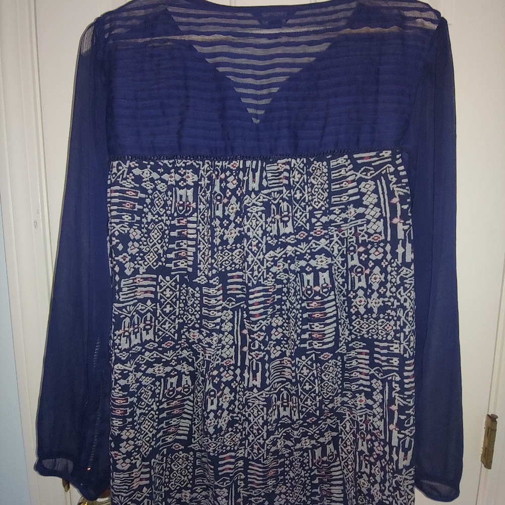 EUC Plus Size Lucky Brand Mixed Media Navy Abstract Print Blouse - Size 2X